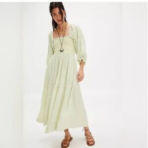 Free People Pale Green Square-Neck Maxi Dress with Puff Sleeves